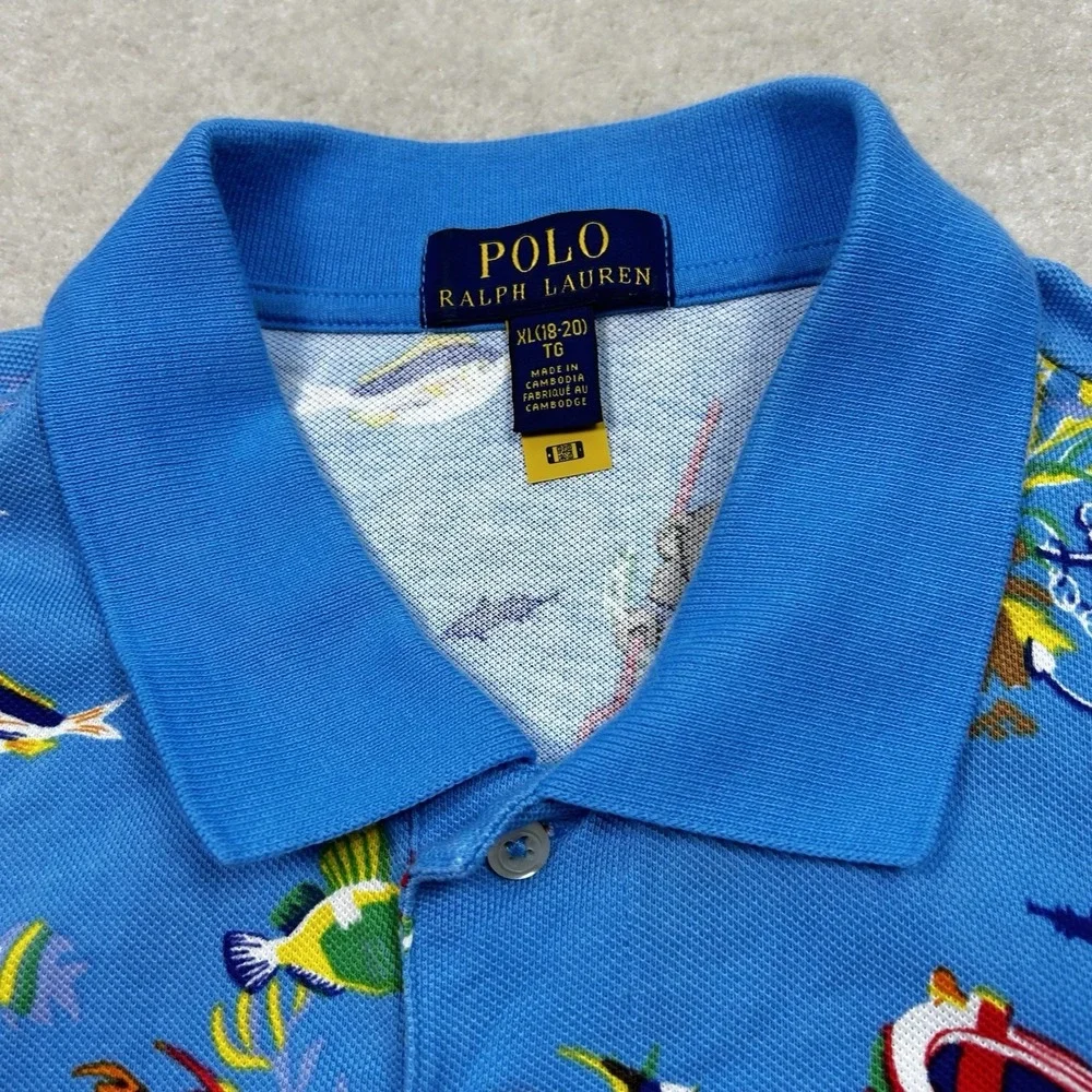 Ralph Lauren Polo Shirt Boys XL 18-20 Scuba Bear All Over Print Summer Mesh Knit